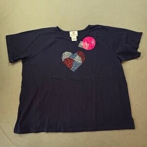 Quacker Factory Navy Blue Heart Rhinestone Bling Patriotic T Shirt‎ Top 2X